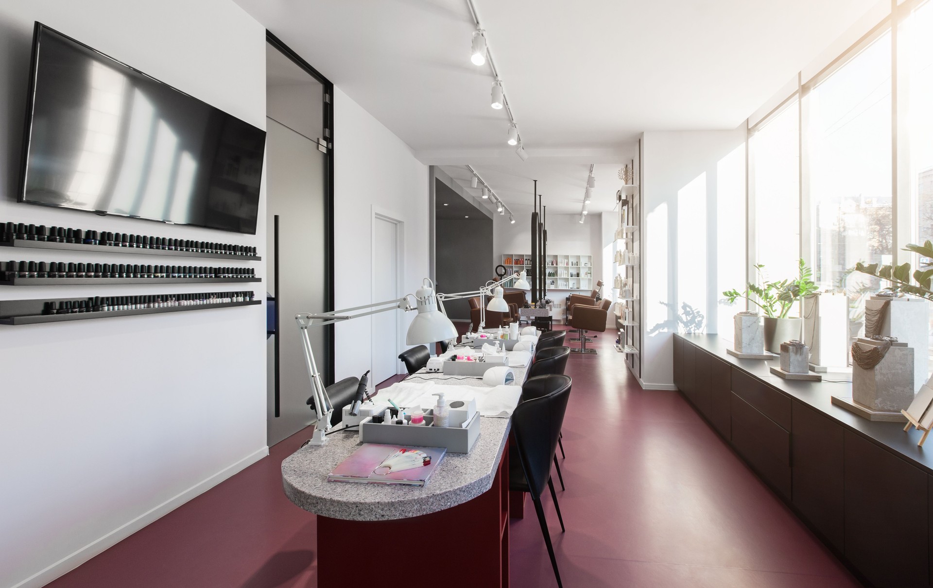 Pink and white style Interior of modern manicure salon